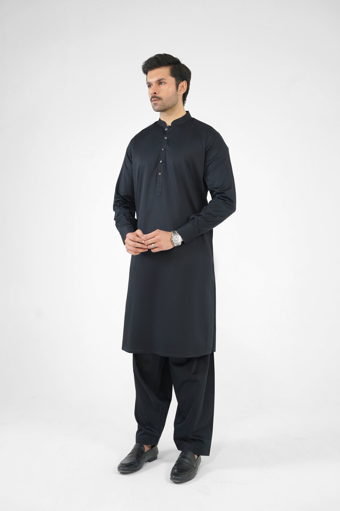 Men's Pitch Black Cotton Shalwar Kameez - 111021
