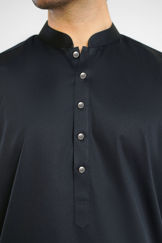 Men's Pitch Black Cotton Shalwar Kameez - 111021