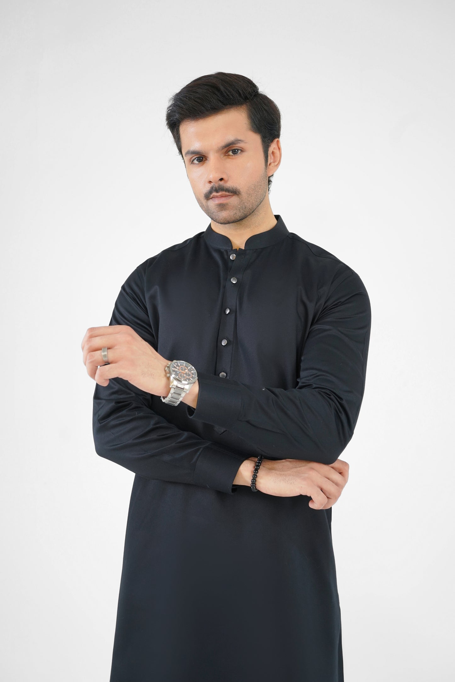 Men's Pitch Black Cotton Shalwar Kameez - 111021