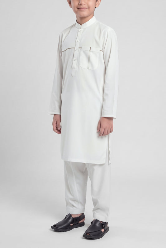 Boys' Classic White Cotton Shalwar Kameez - 221002 – three-quarter