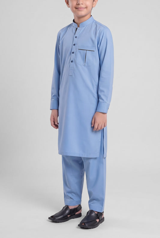Boys' Sky Blue Cotton Shalwar Kameez - 221006 – three-quarter