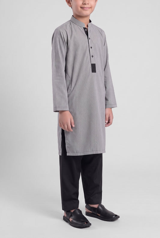 Boys' Grey Pinstripe Cotton Shalwar Kameez - 221012 – three-quarter