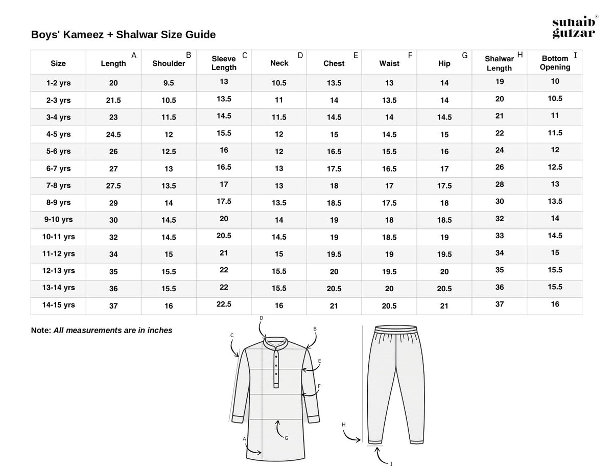 Boys' kameez shalwar size guide