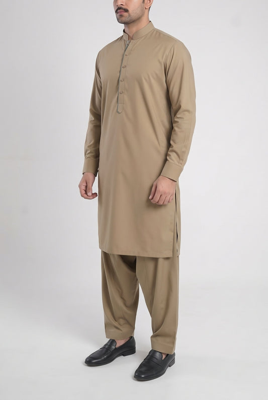 Men's Desert Khaki Wash & Wear Shalwar Kameez - 112022 – three-quarter