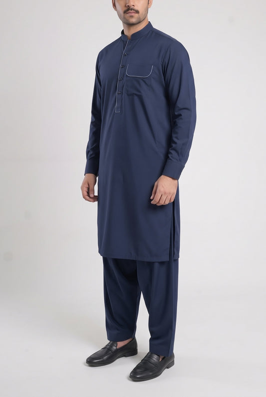 Men's Classic Navy Wash & Wear Shalwar Kameez - 112027 – three-quarter