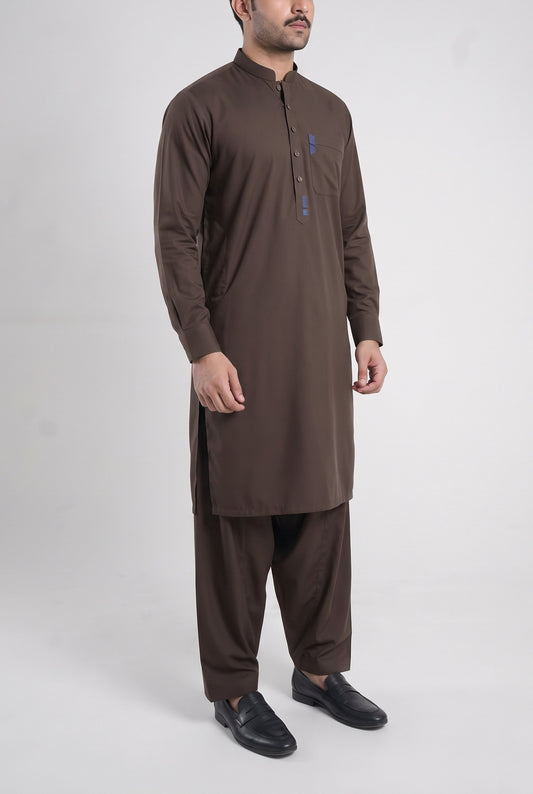 Men's Chocolate Brown Wash & Wear Shalwar Kameez - 112028 – three-quarter