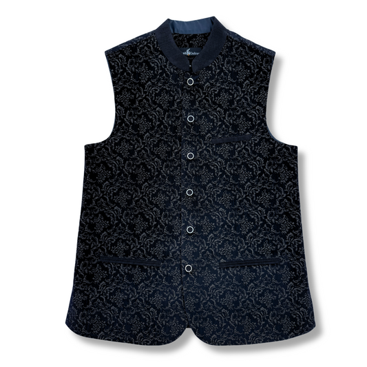 Men's Black Printed Corduroy Waistcoat - 224006