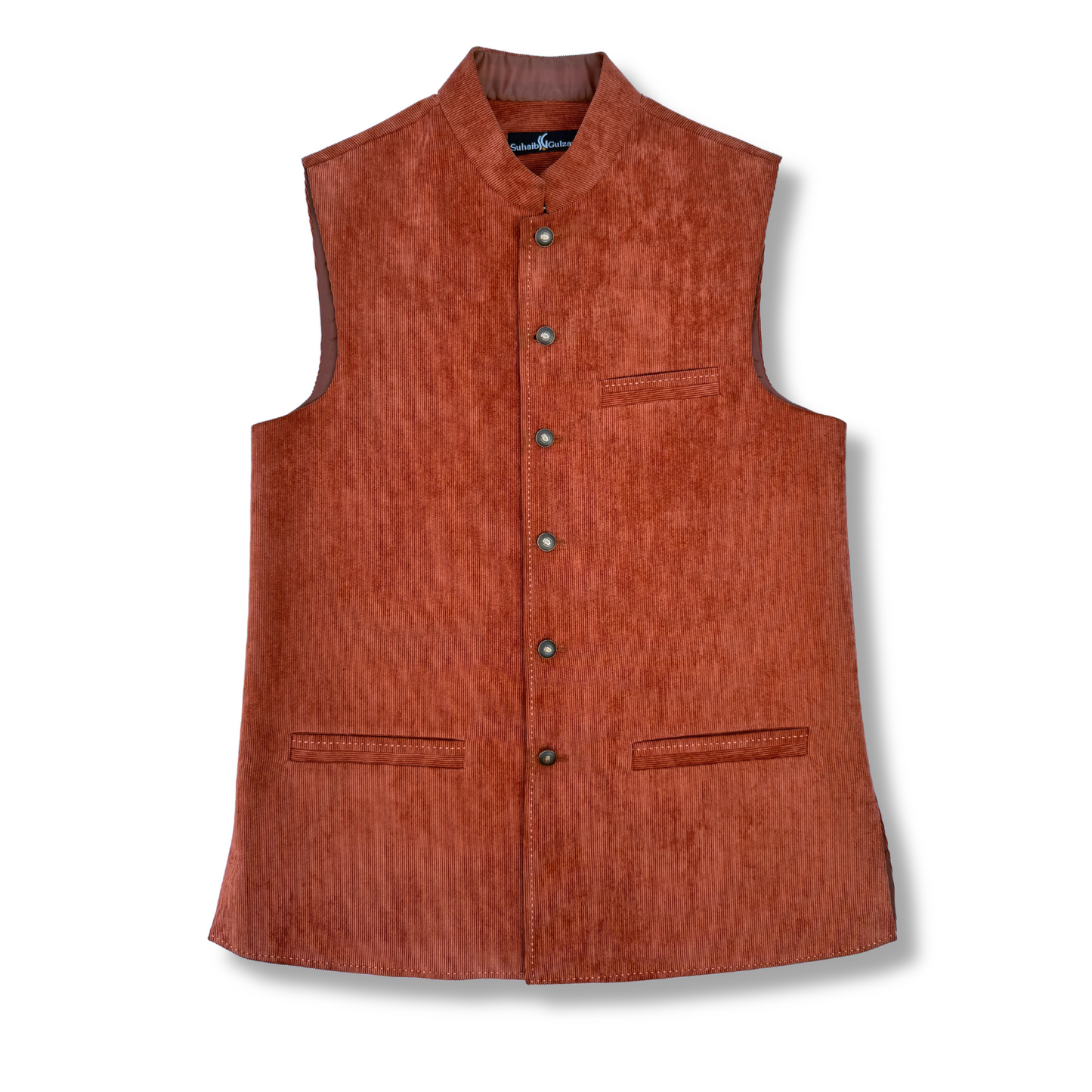 Men's Orange Red Corduroy Waistcoat - 224004