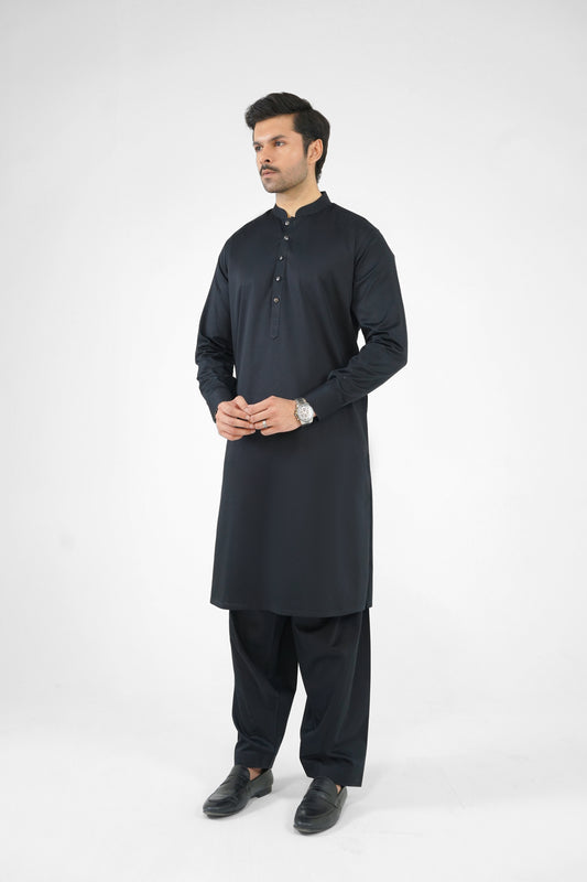 Men's Pitch Black Cotton Shalwar Kameez - 111021