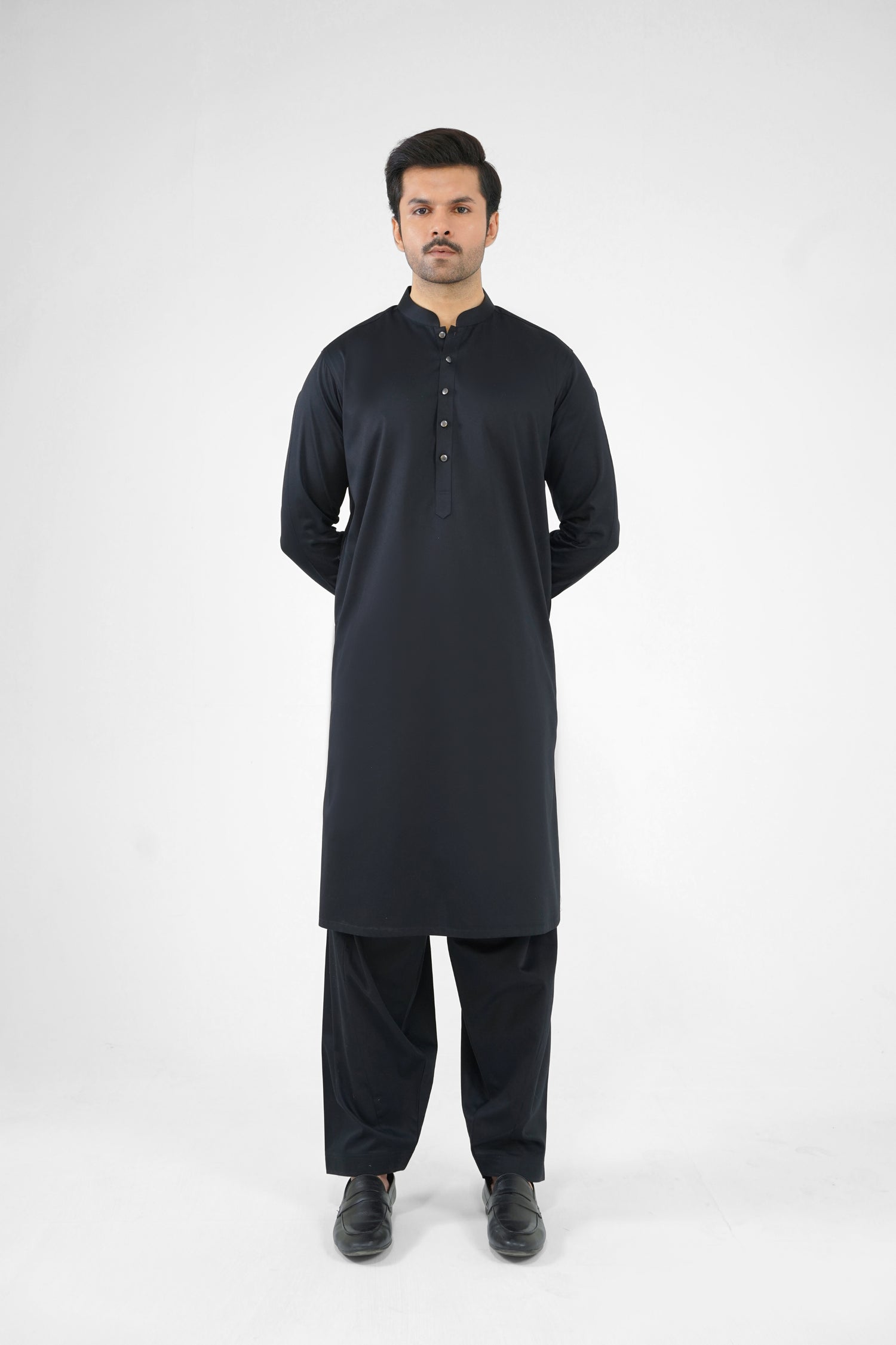 Men's Pitch Black Cotton Shalwar Kameez - 111021