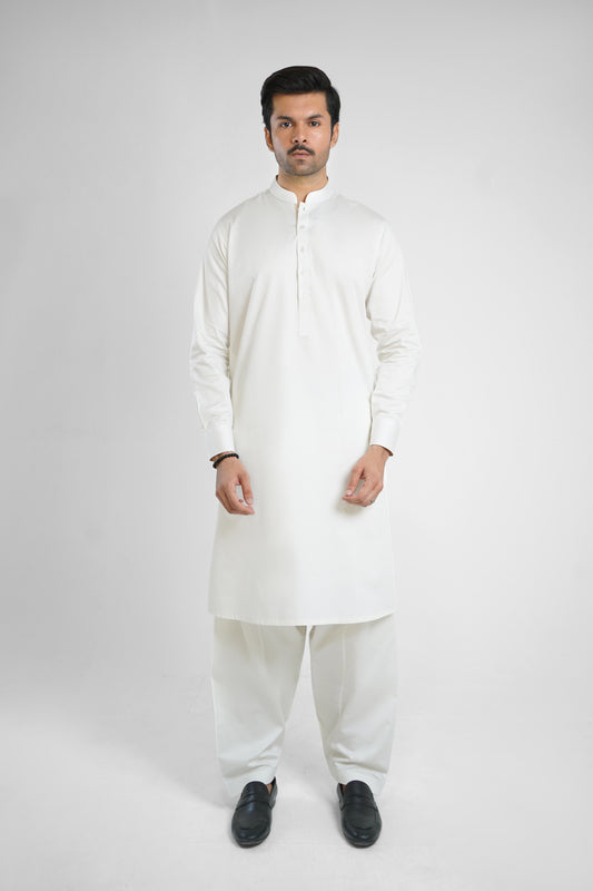 Men's White Cotton Shalwar Kameez - 111022