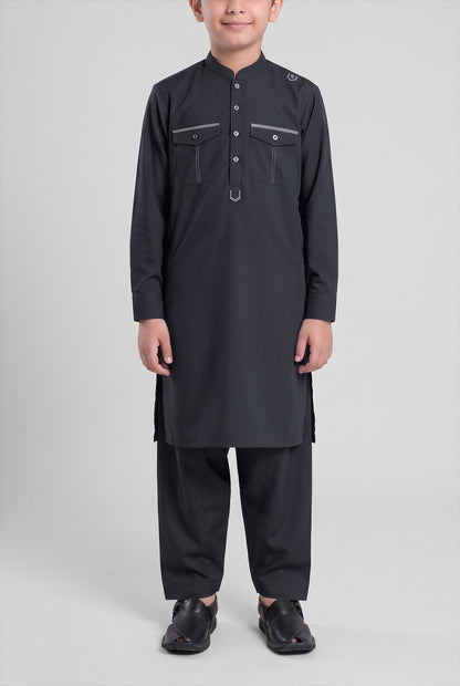 Boys' Midnight Black Cotton Shalwar Kameez - 221001 – front