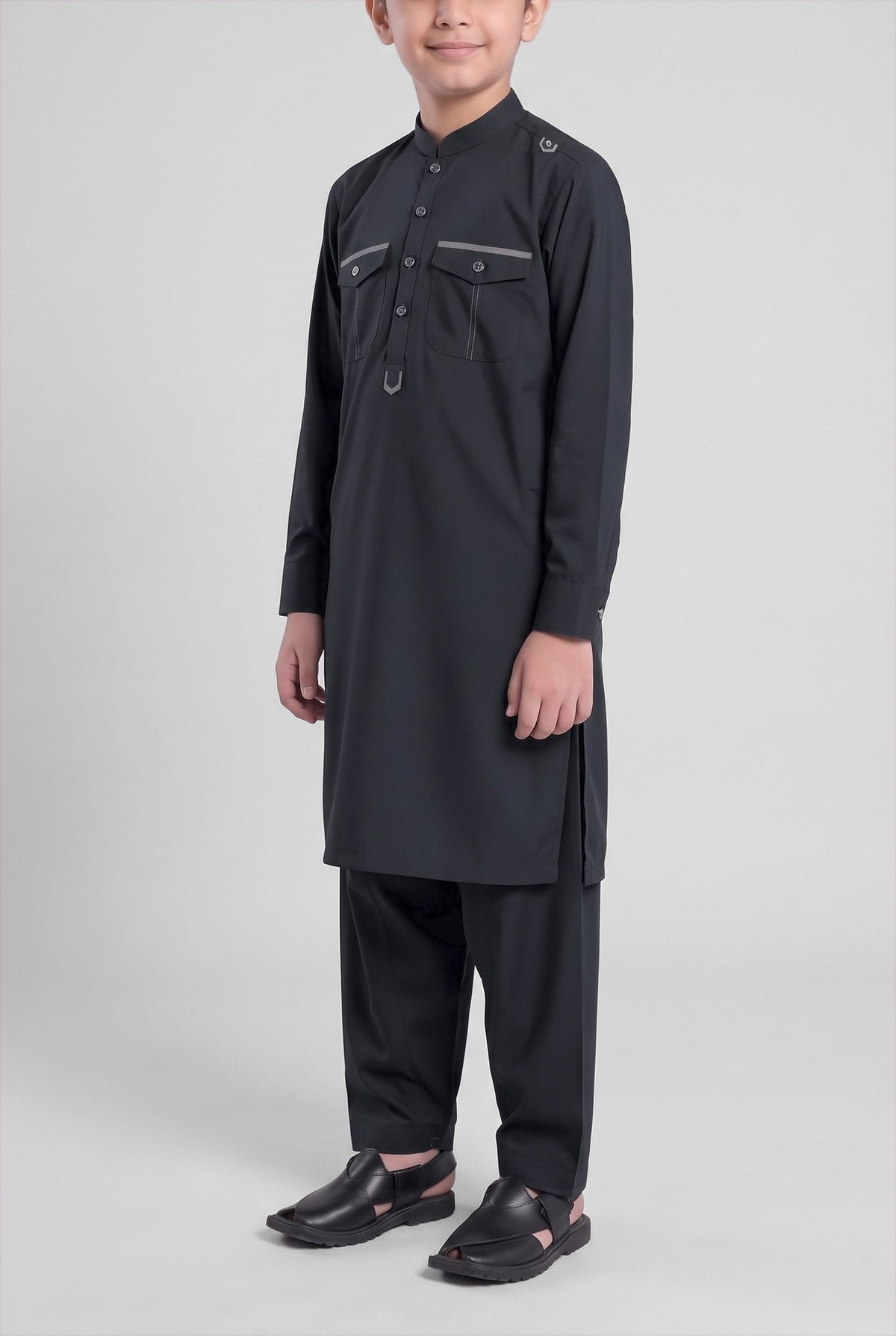 Boys' Midnight Black Cotton Shalwar Kameez - 221001 – three-quarter