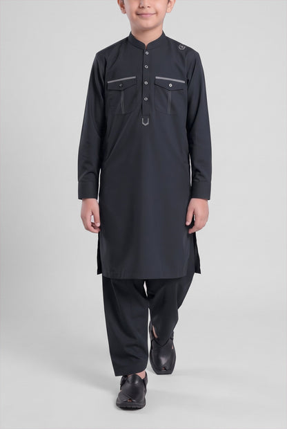 Boys' Midnight Black Cotton Shalwar Kameez - 221001 – walking
