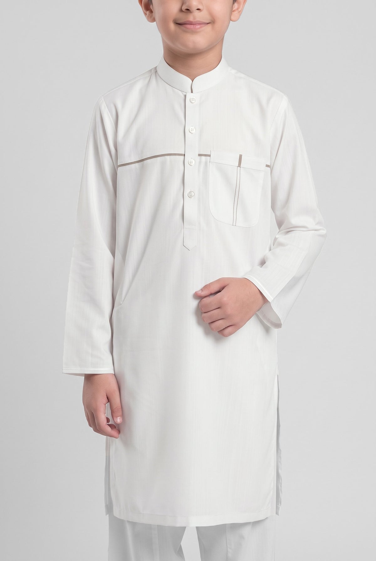 Boys' Classic White Cotton Shalwar Kameez - 221002 – placket detail
