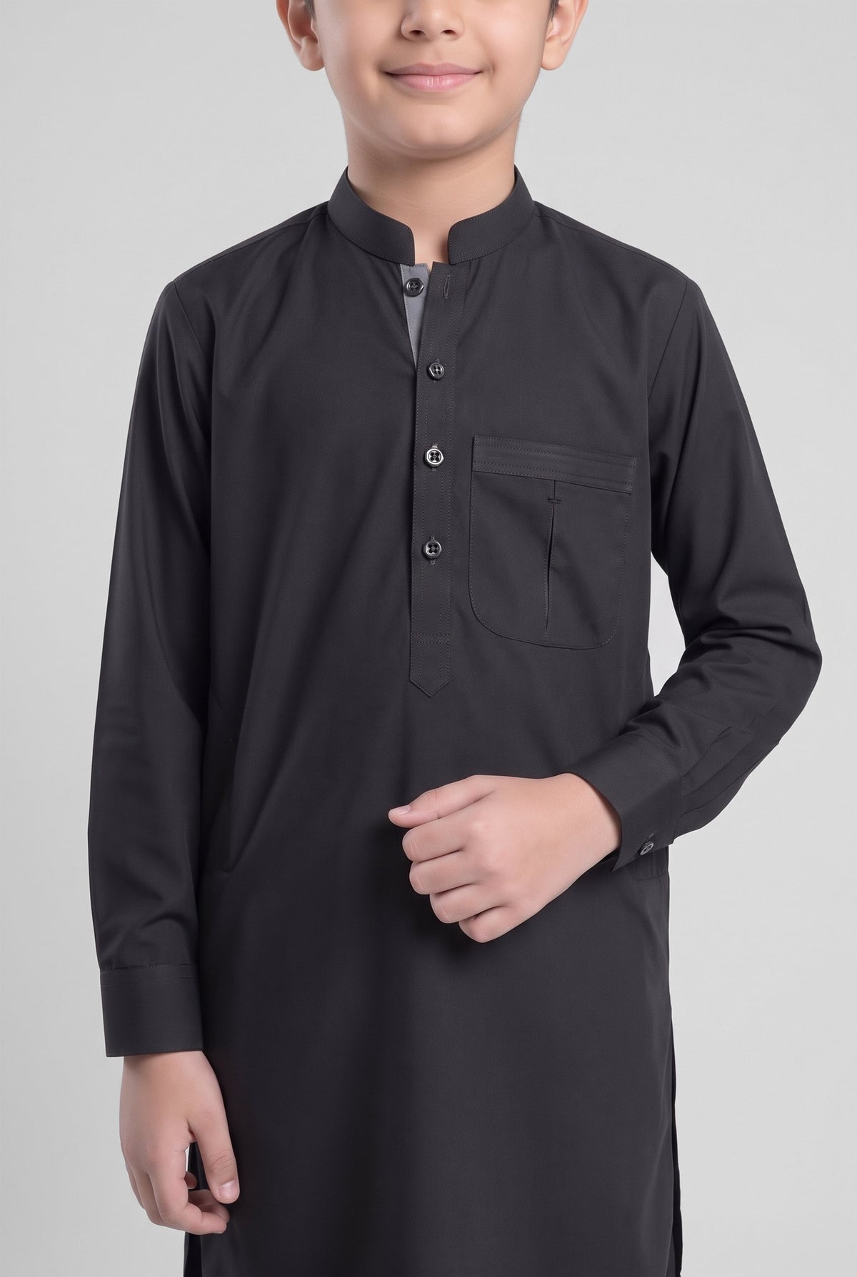 Boys' Jet Black Cotton Shalwar Kameez - 221003 – placket detail