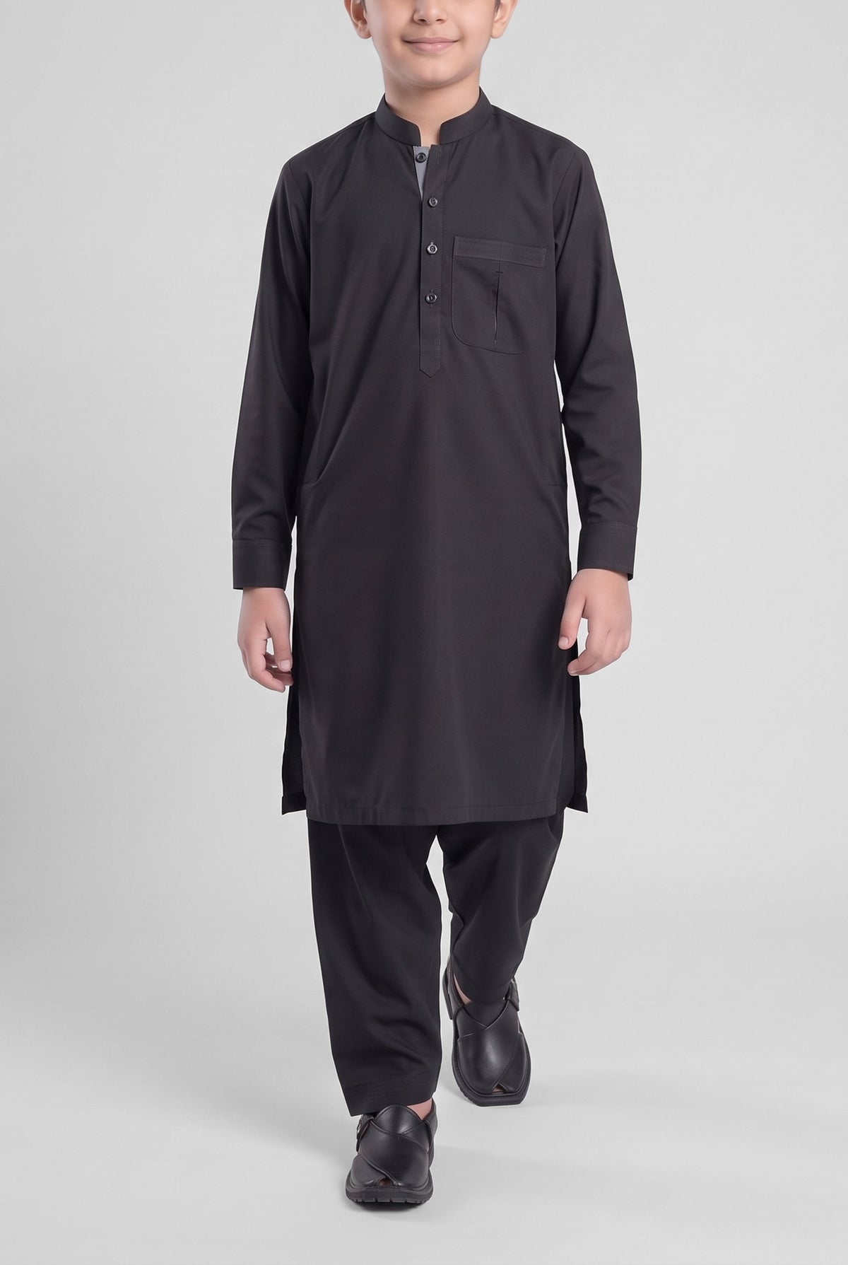 Boys' Jet Black Cotton Shalwar Kameez - 221003 – walking