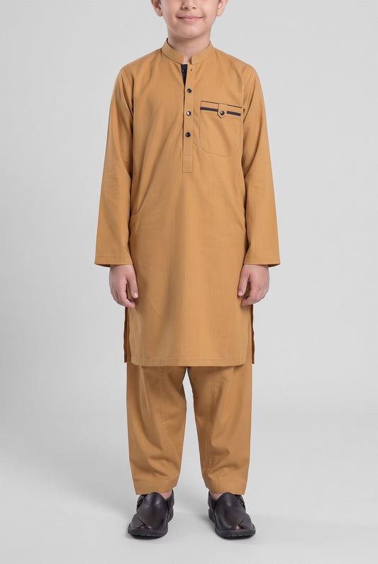 Boys' Mustard Gold Cotton Shalwar Kameez - 221004 – front