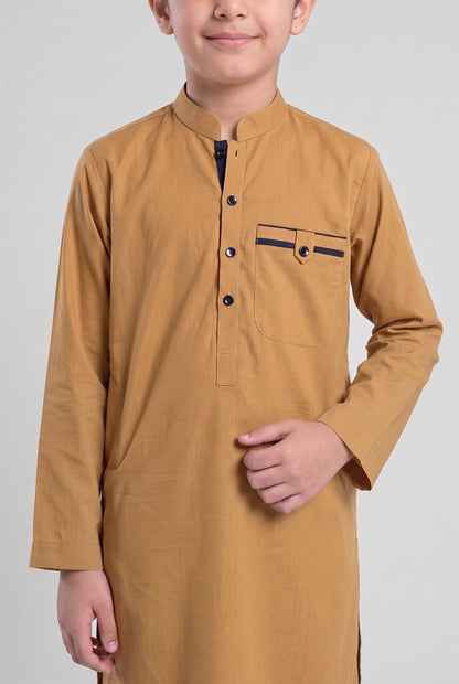 Boys' Mustard Gold Cotton Shalwar Kameez - 221004 – placket detail