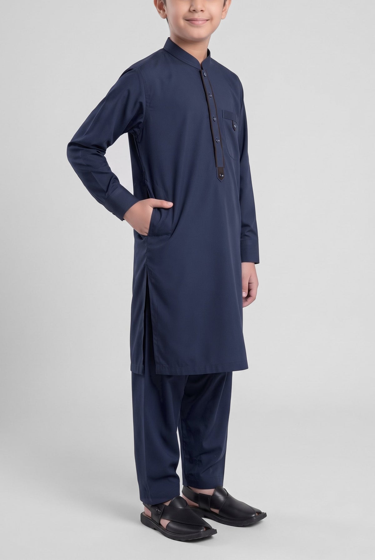 Boys' Classic Navy Cotton Shalwar Kameez - 221005 – side-pocket pose