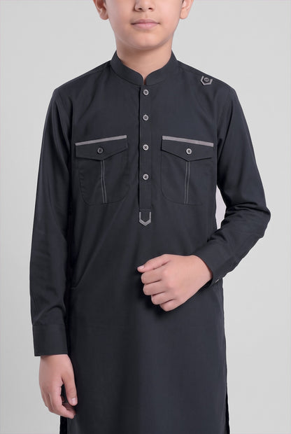 Boys' Midnight Black Cotton Shalwar Kameez - 221011 – placket detail