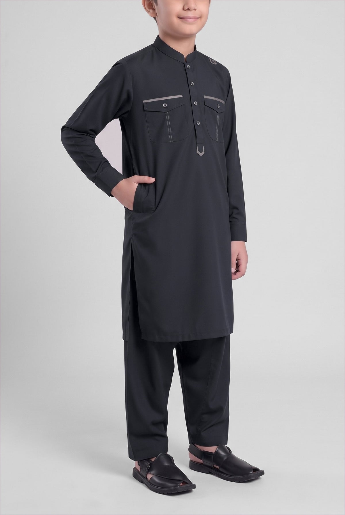 Boys' Midnight Black Cotton Shalwar Kameez - 221011 – side-pocket pose