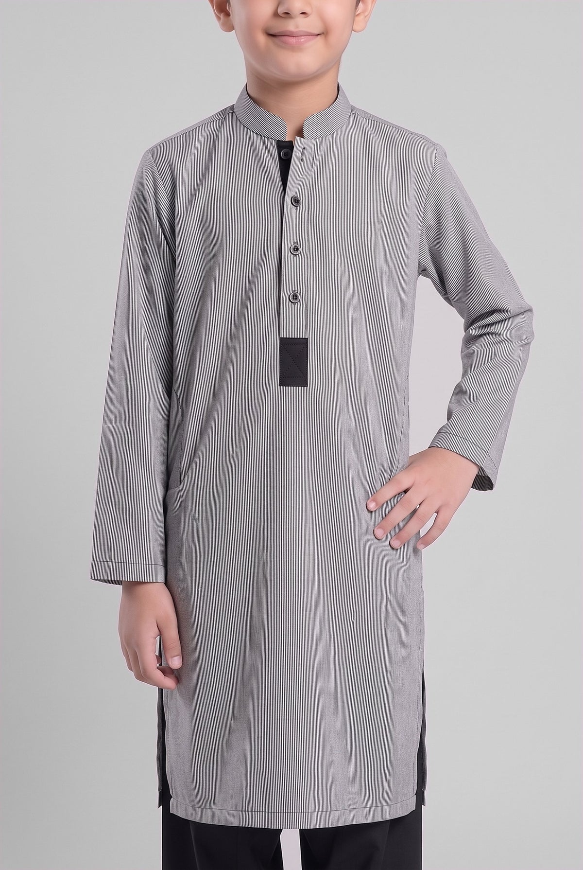 Boys' Grey Pinstripe Cotton Shalwar Kameez - 221012 – placket detail