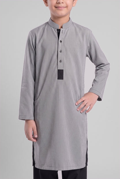 Boys' Grey Pinstripe Cotton Shalwar Kameez - 221012 – placket detail