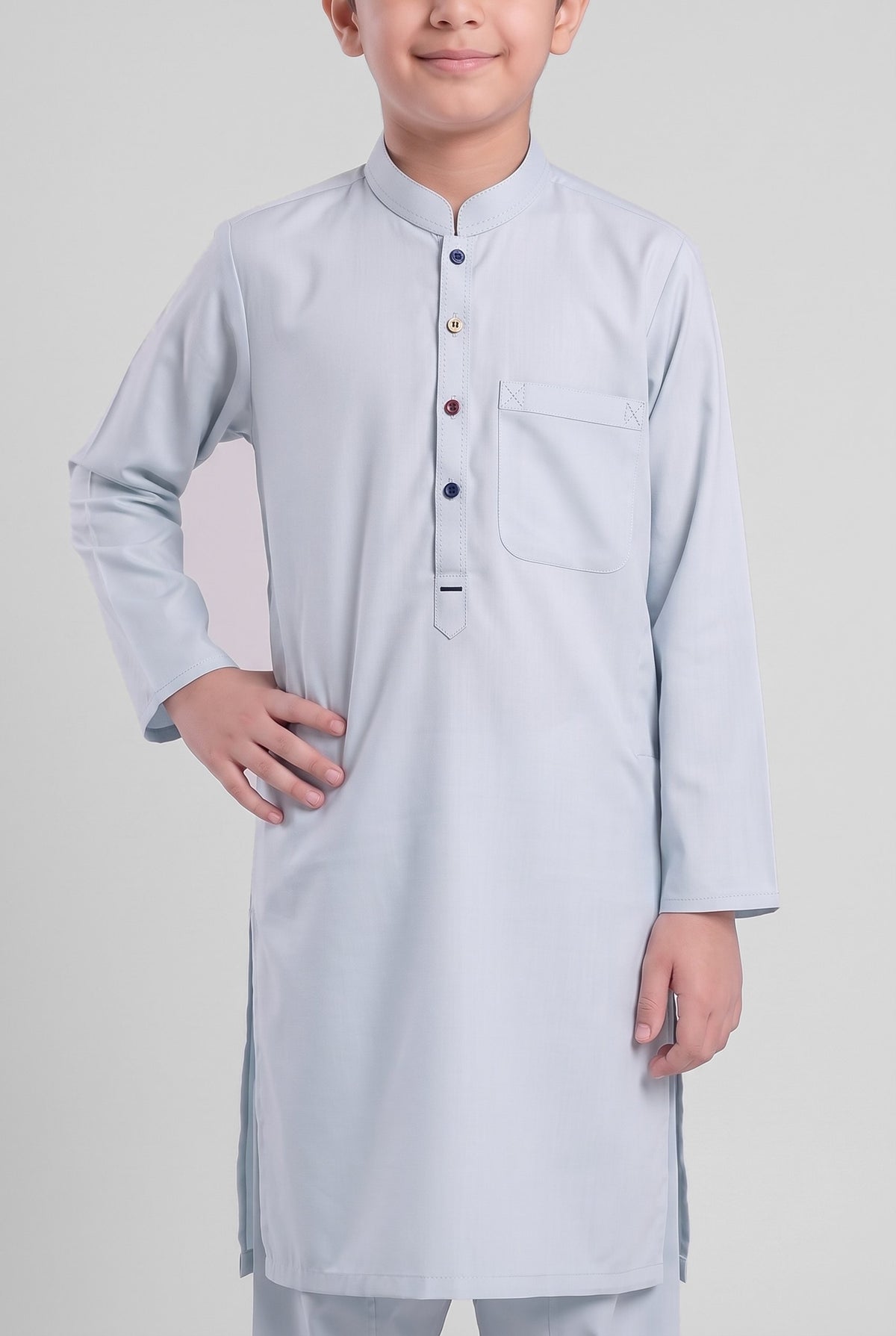 Boys' Sage Blue Oxford Cotton Shalwar Kameez - 221013 – placket detail