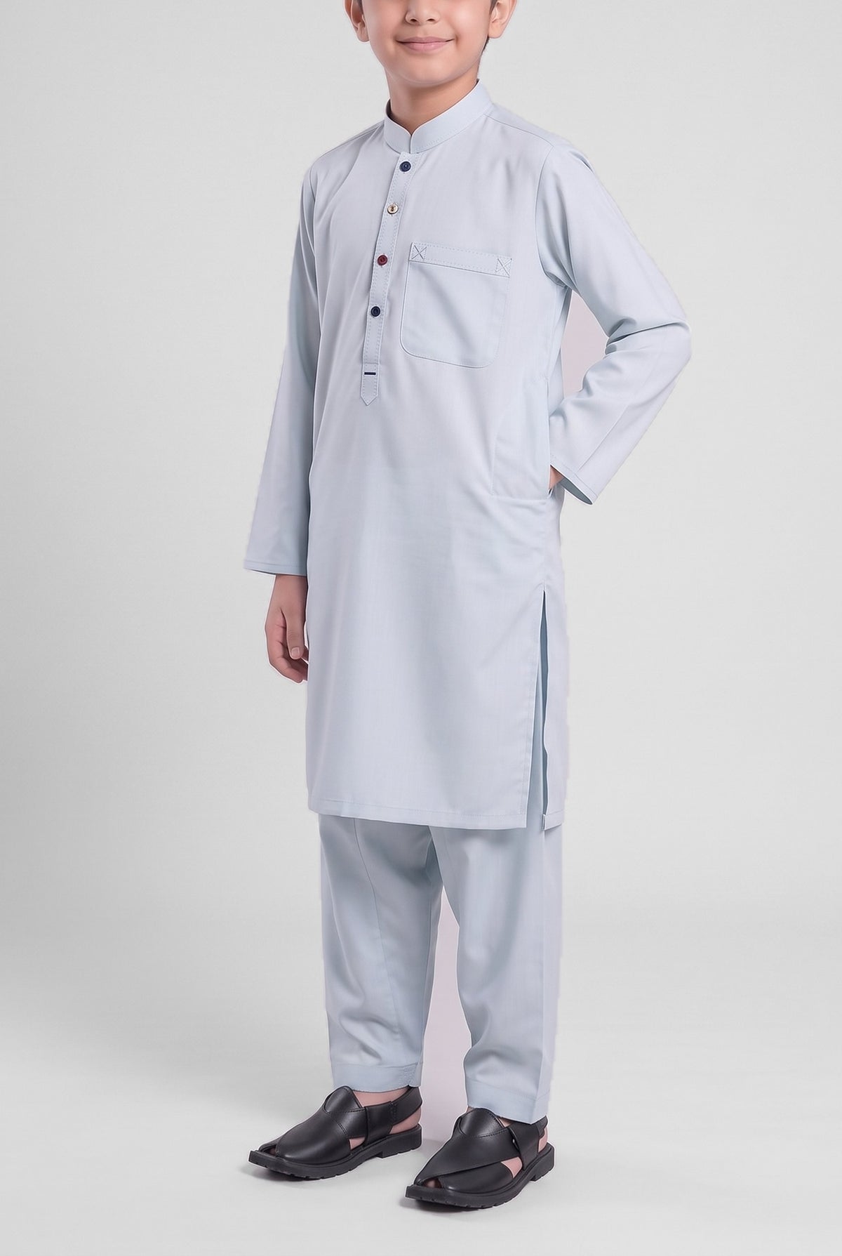 Boys' Sage Blue Oxford Cotton Shalwar Kameez - 221013 – side-pocket pose