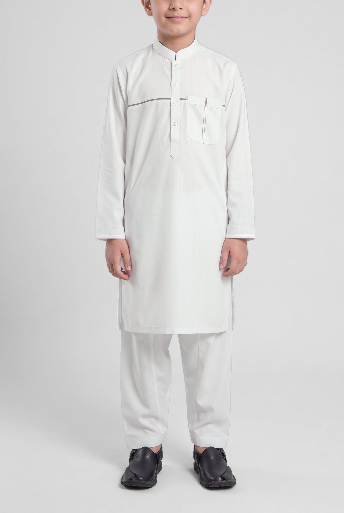 Boys' Classic White Cotton Shalwar Kameez - 221014 – front