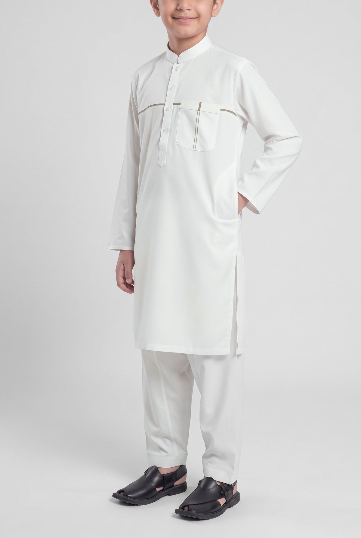 Boys' Classic White Cotton Shalwar Kameez - 221014 – side-pocket pose