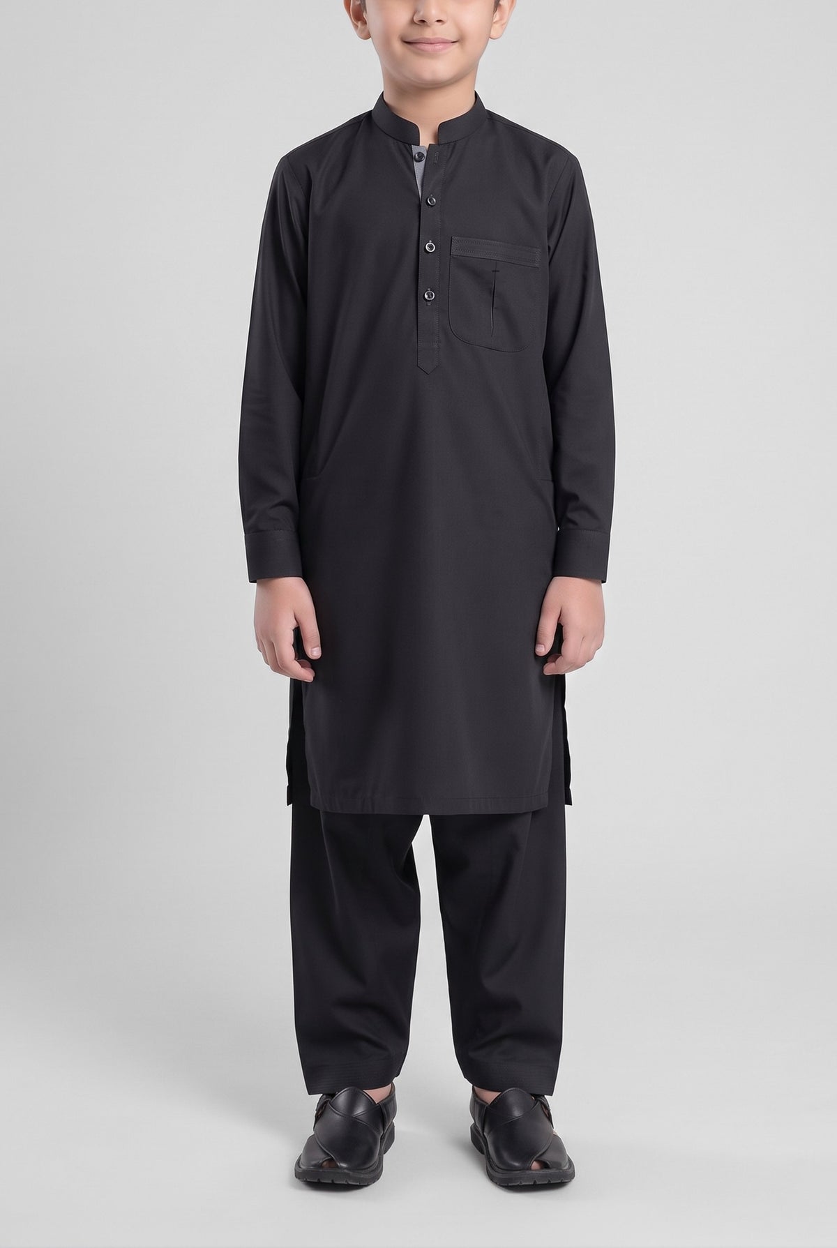 Boys' Jet Black Cotton Shalwar Kameez - 221015 – front