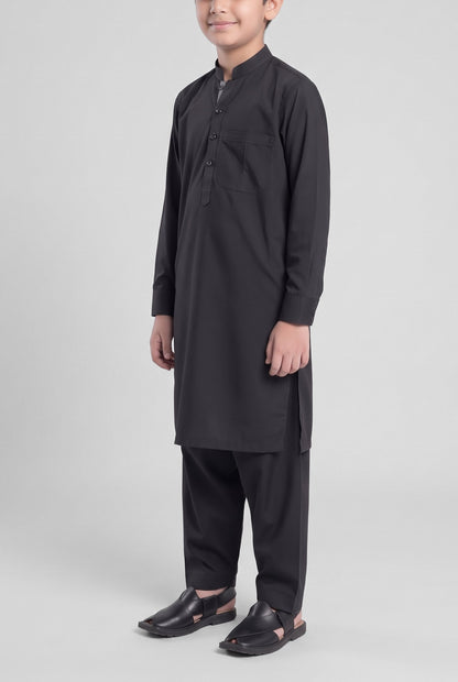Boys' Jet Black Cotton Shalwar Kameez - 221015 – three-quarter