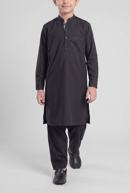 Boys' Jet Black Cotton Shalwar Kameez - 221015 – walking
