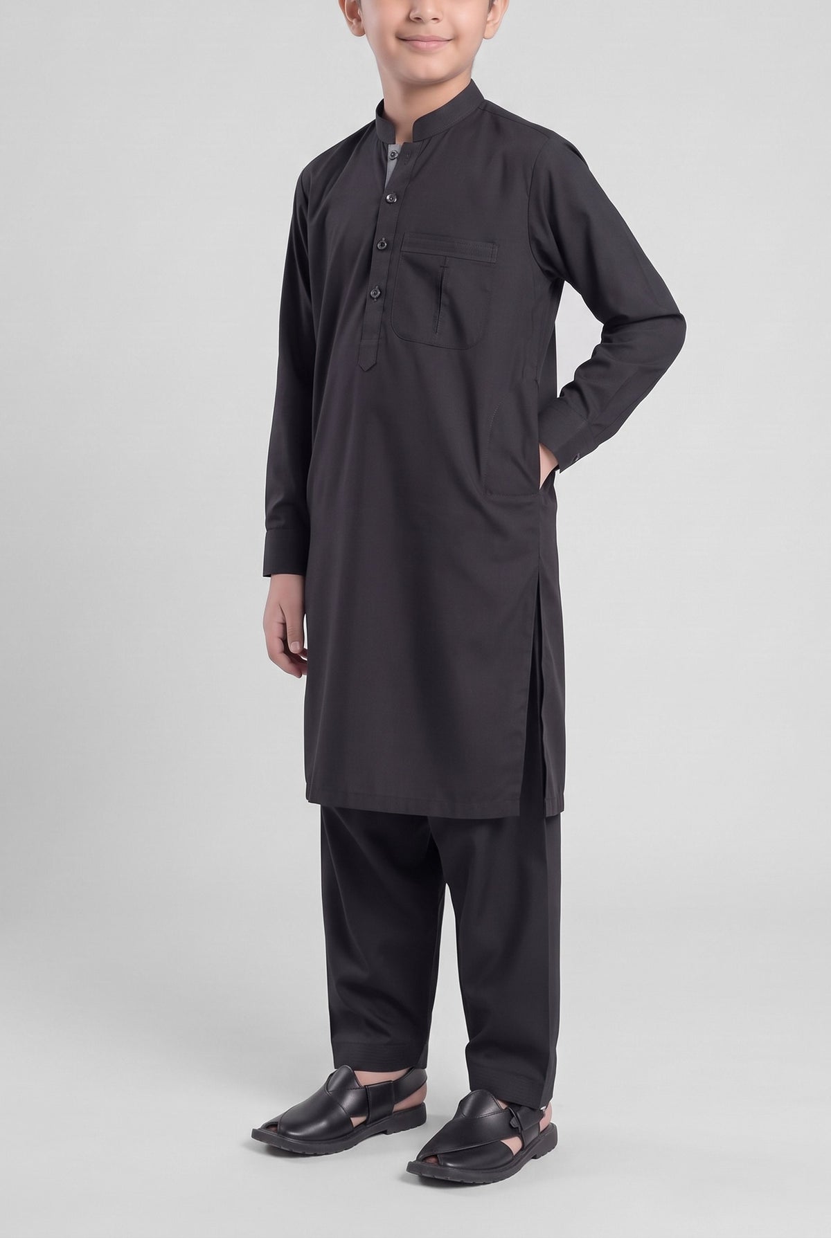 Boys' Jet Black Cotton Shalwar Kameez - 221015 – side-pocket pose