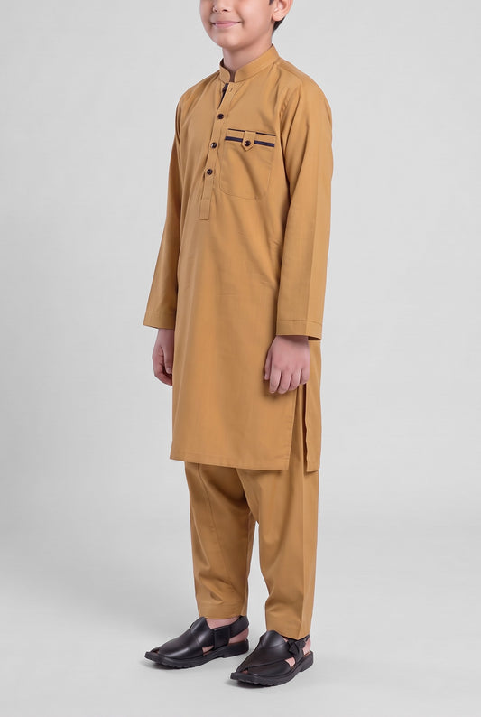 Boys' Mustard Gold Cotton Shalwar Kameez - 221017 – three-quarter