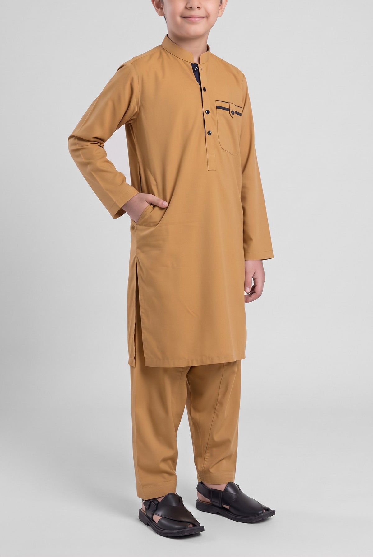 Boys' Mustard Gold Cotton Shalwar Kameez - 221017 – side-pocket pose