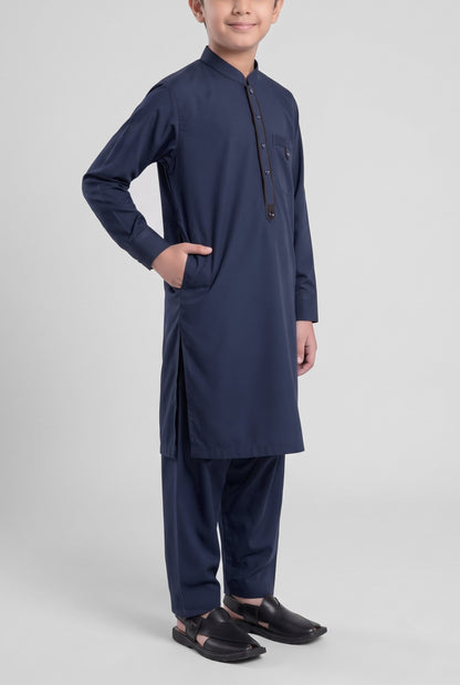 Boys' Classic Navy Cotton Shalwar Kameez - 221018 – side-pocket pose