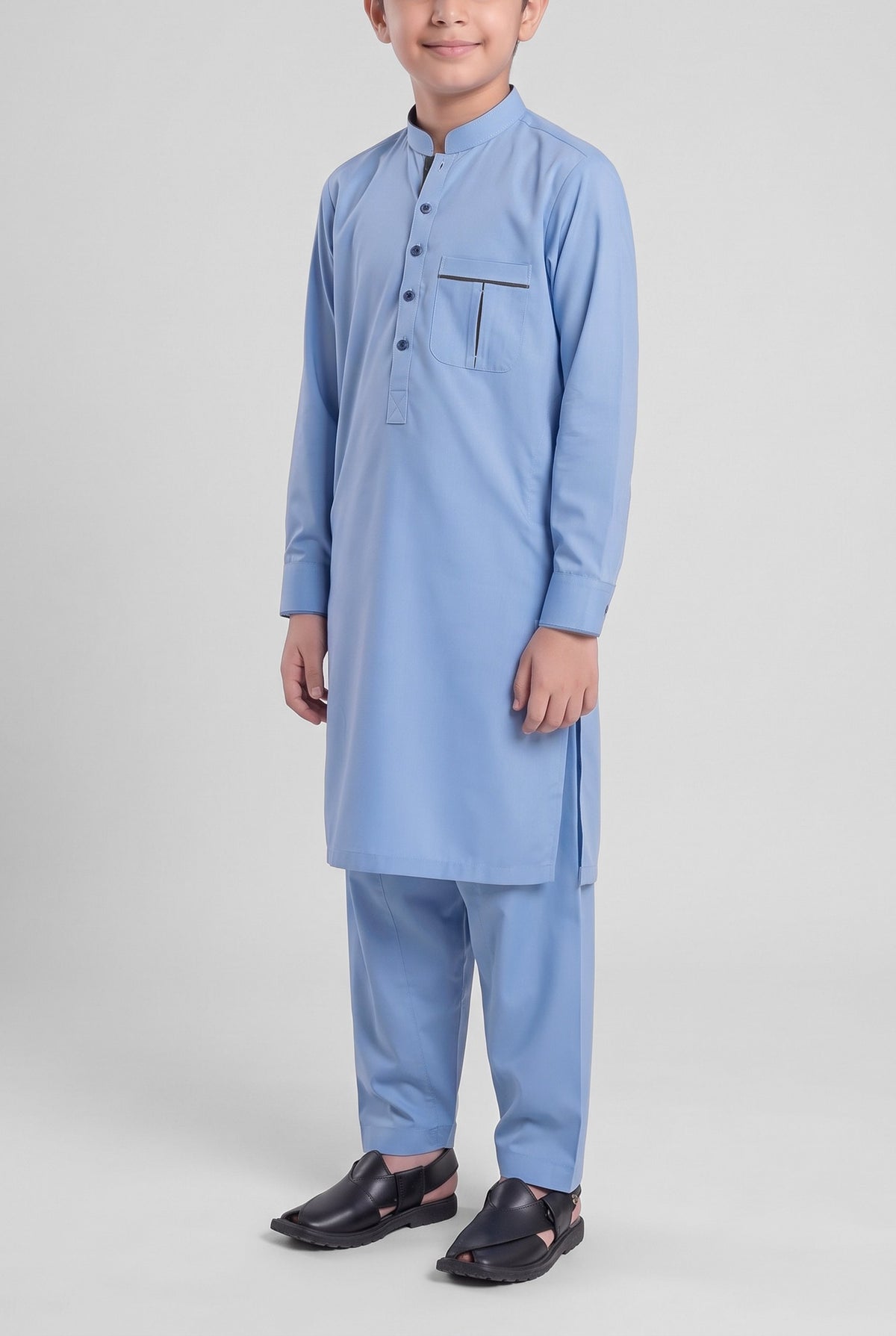 Boys' Sky Blue Cotton Shalwar Kameez - 221019 – three-quarter