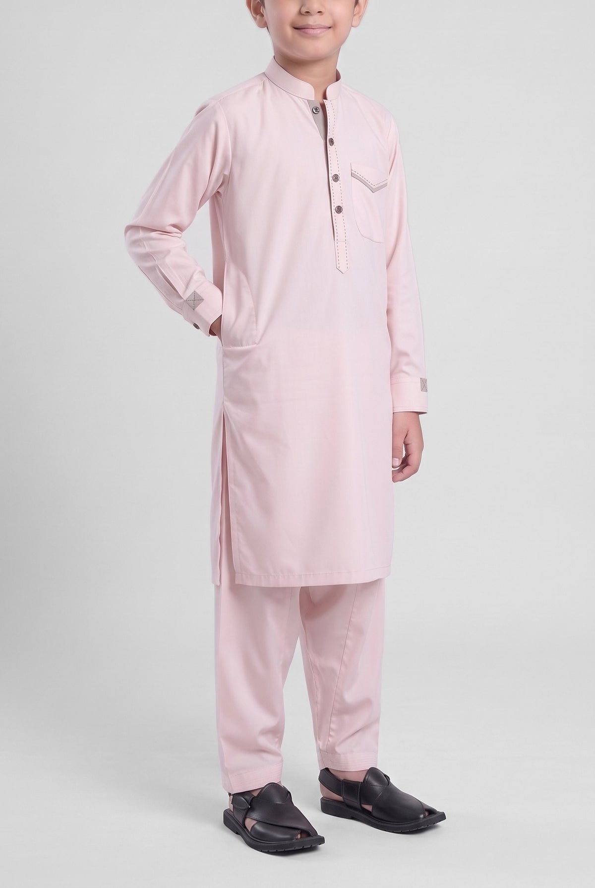 Boys' Blush Pink Cotton Shalwar Kameez - 221020 – side-pocket pose