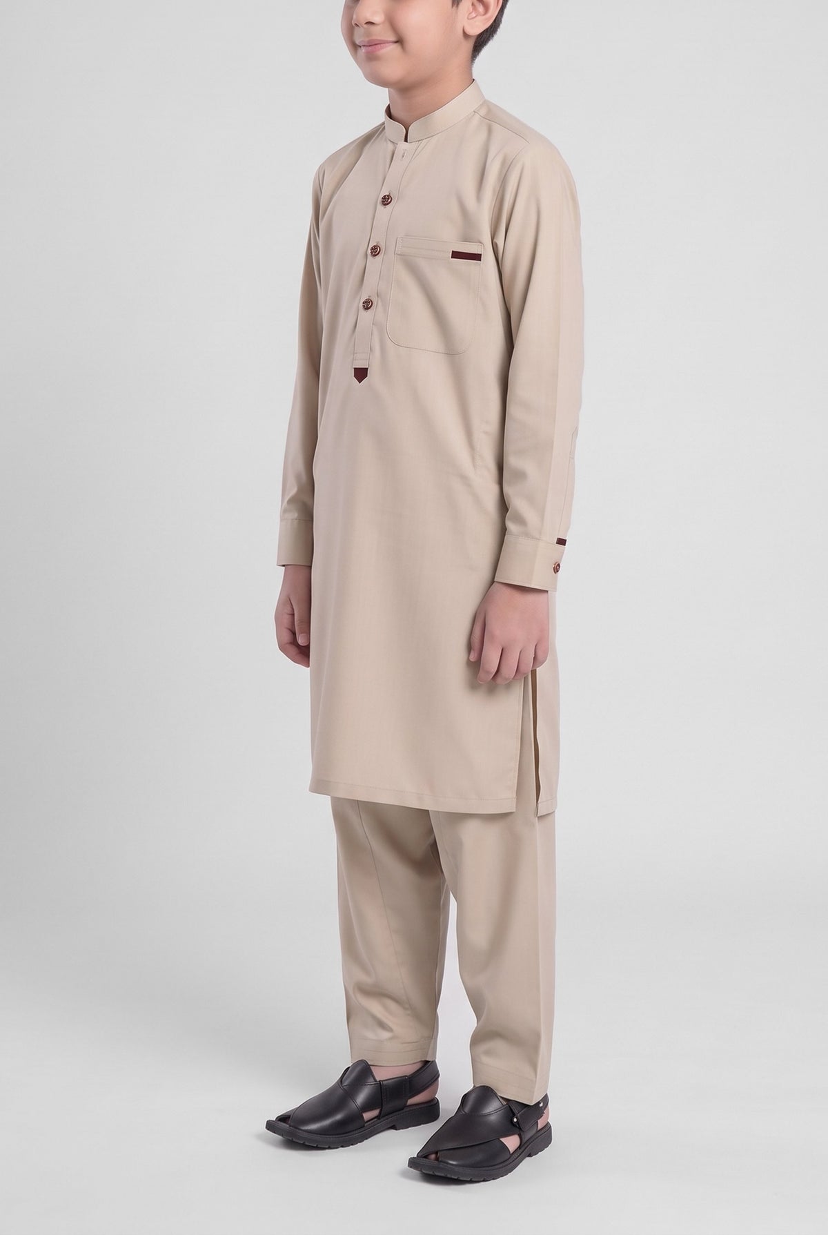 Boys' Desert Sand Cotton Shalwar Kameez - 221022 – three-quarter