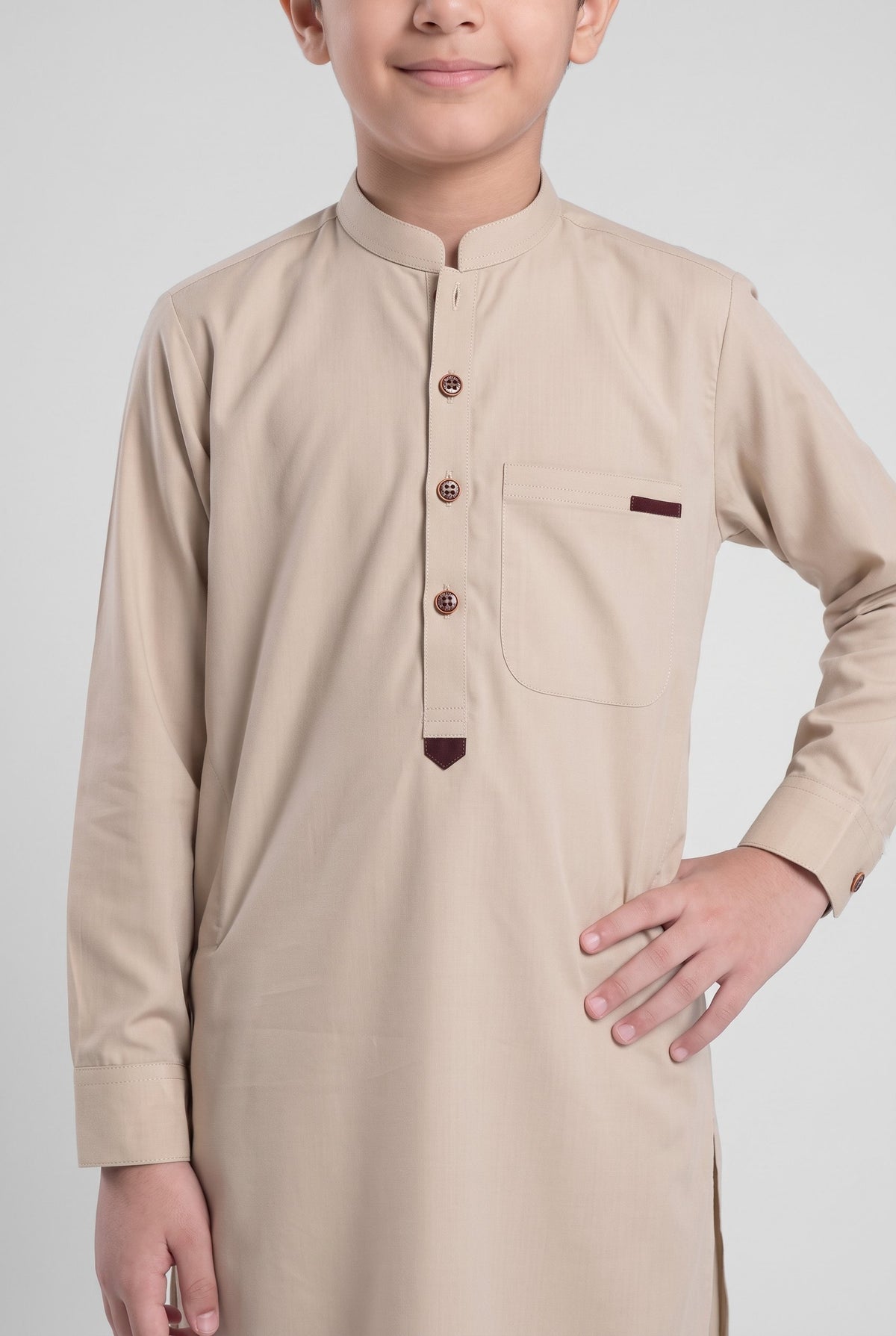 Boys' Desert Sand Cotton Shalwar Kameez - 221022 – placket detail