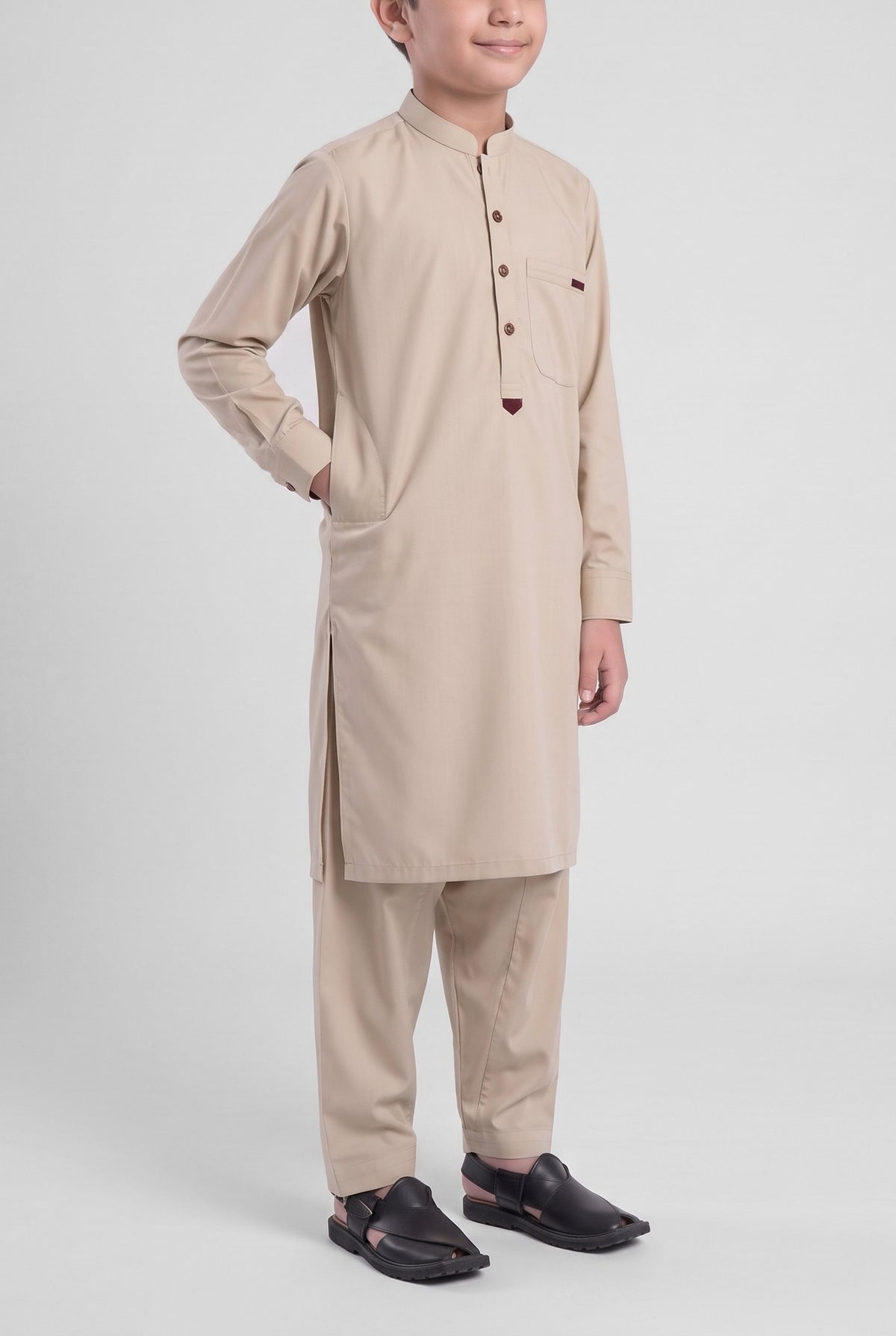 Boys' Desert Sand Cotton Shalwar Kameez - 221022 – side-pocket pose