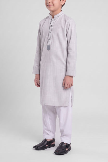 Boys' Light Grey Check Cotton Shalwar Kameez - 221024 – three-quarter