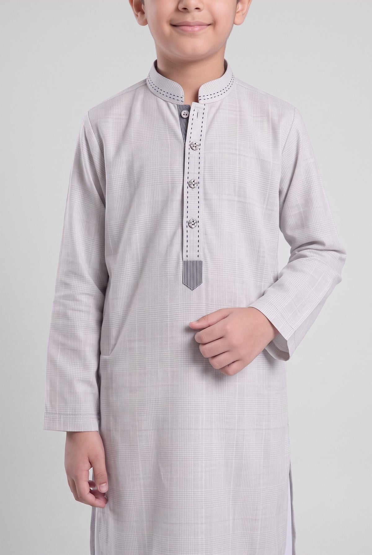 Boys' Light Grey Check Cotton Shalwar Kameez - 221024 – placket detail