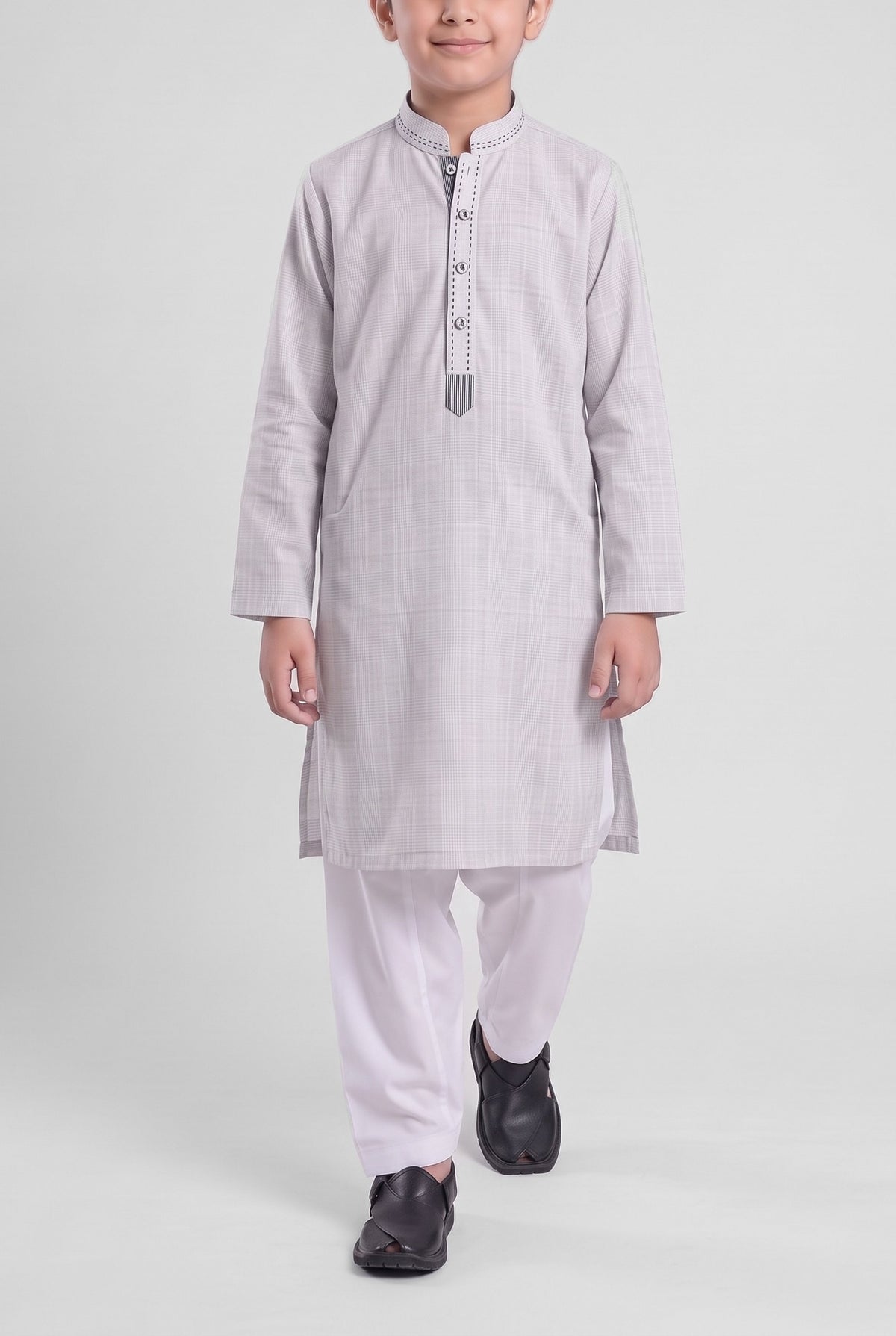 Boys' Light Grey Check Cotton Shalwar Kameez - 221024 – walking