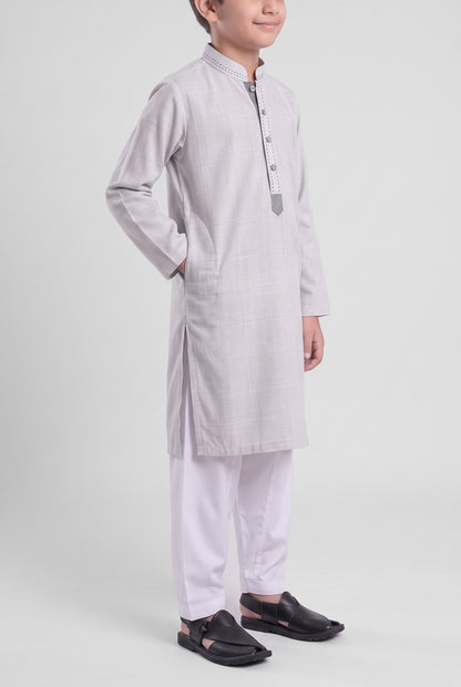 Boys' Light Grey Check Cotton Shalwar Kameez - 221024 – side-pocket pose