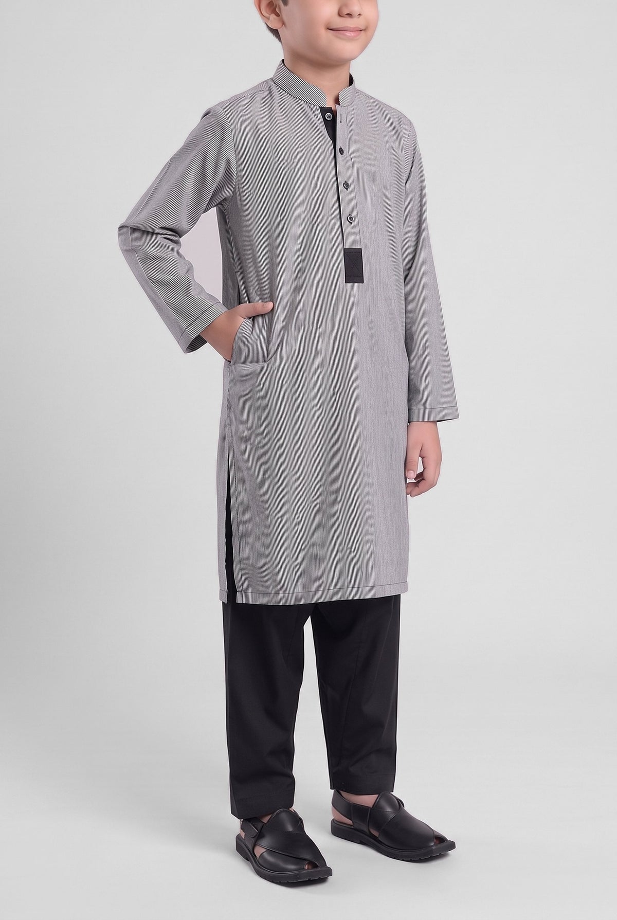 Boys' Grey Pinstripe Cotton Shalwar Kameez - 221025 – side-pocket pose