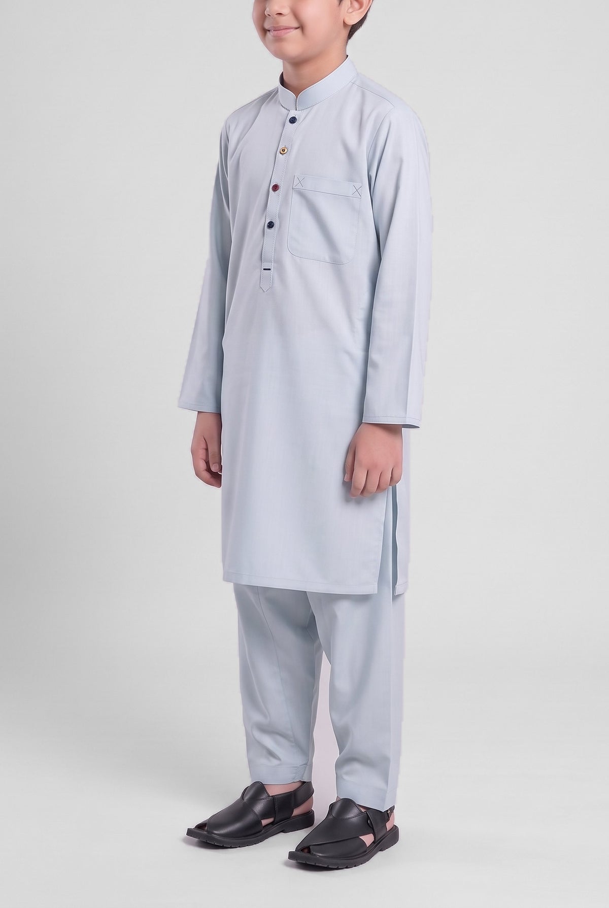 Boys' Sage Blue Oxford Cotton Shalwar Kameez - 221026 – three-quarter